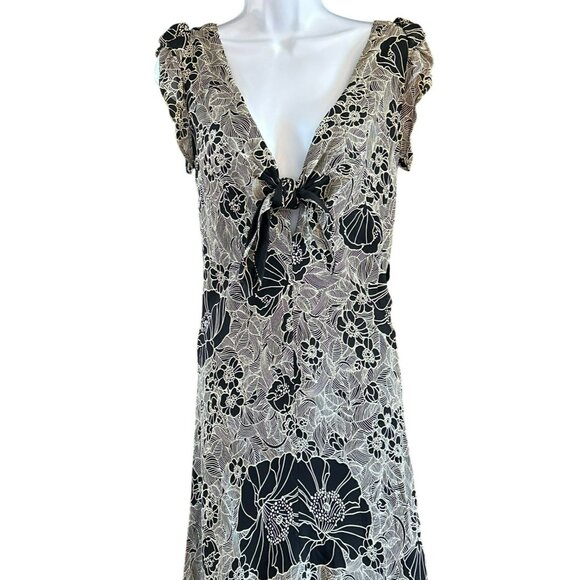 Vintage Salaam Black White Floral Print Rayon Midi Dress S/M Flowy Flouncy Y2K - Picture 2 of 6